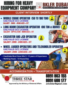 Heavy Equipment Operator Jobs in Dubai - BKLER Dubai Recruitment Ad