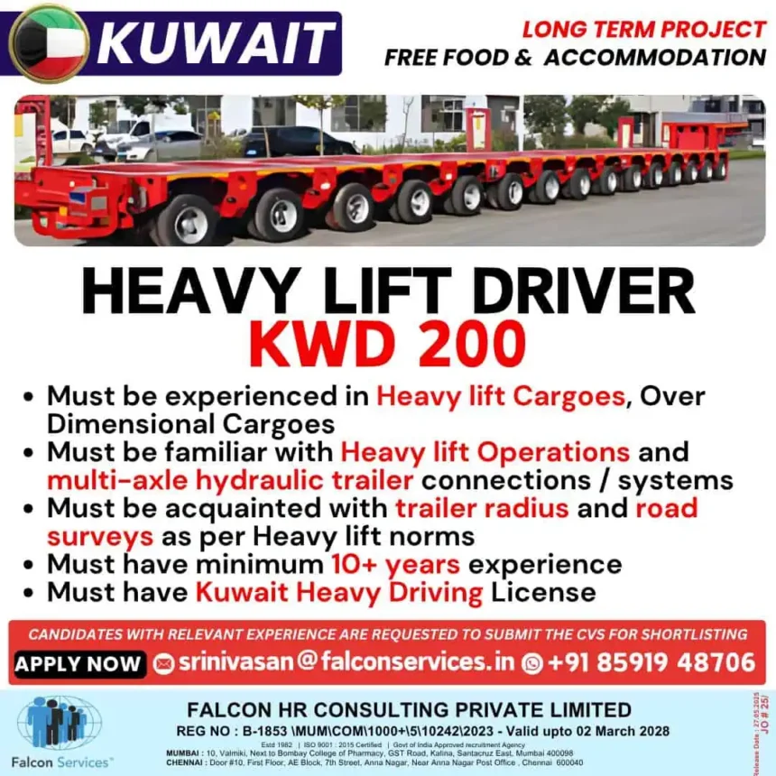 Heavy lift driver job in Kuwait with KWD 200 salary and free accommodation, hiring by Falcon HR Consulting.