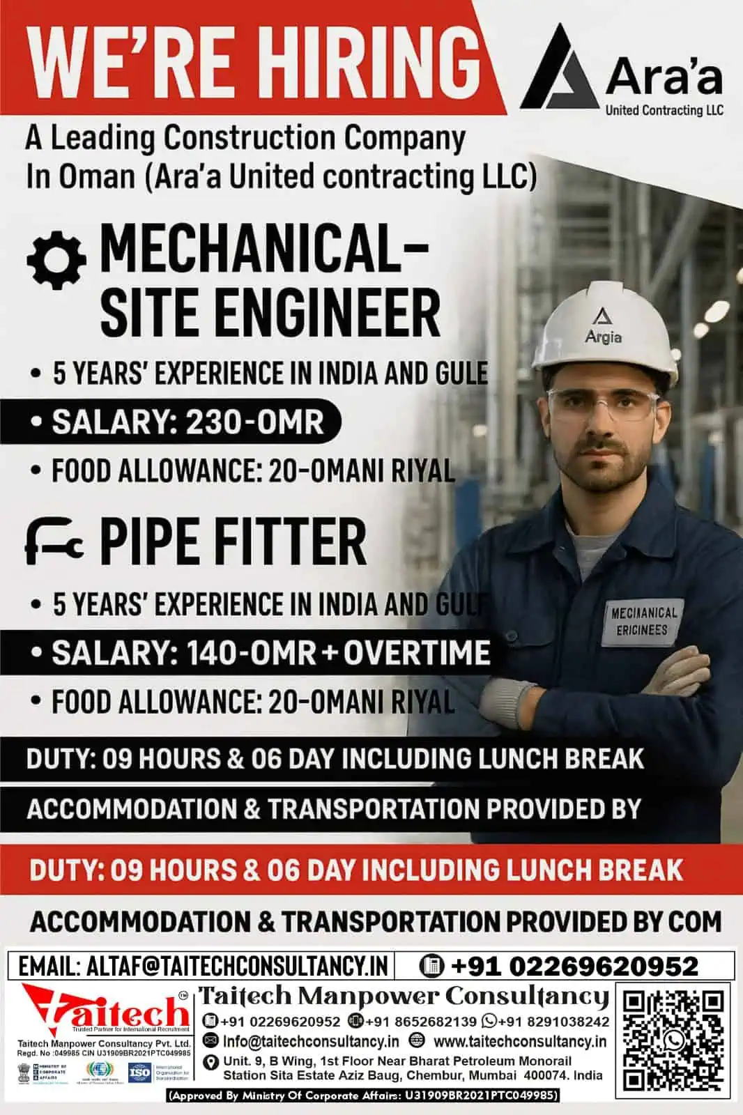 Hiring Alert Mechanical Site Engineer & Pipe Fitter Jobs in Oman with Free Accommodation & Transport by Ara’a United Contracting LLC – Taitech Manpower