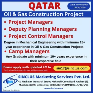 Hiring Alert Oil & Gas Construction Jobs in Qatar – Project & Camp Manager Vacancies
