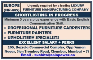 Hiring ad for luxury furniture jobs in Europe for carpenters, painters, and upholstery specialists