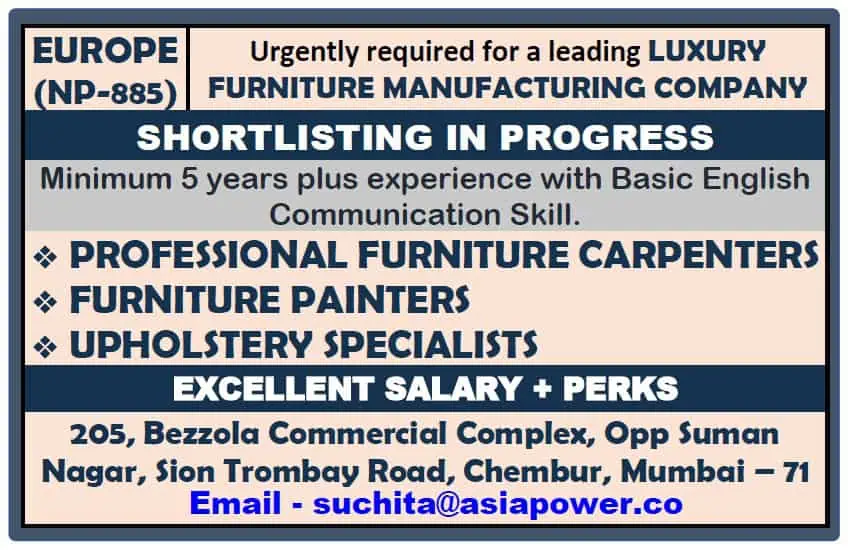 Hiring ad for luxury furniture jobs in Europe for carpenters, painters, and upholstery specialists