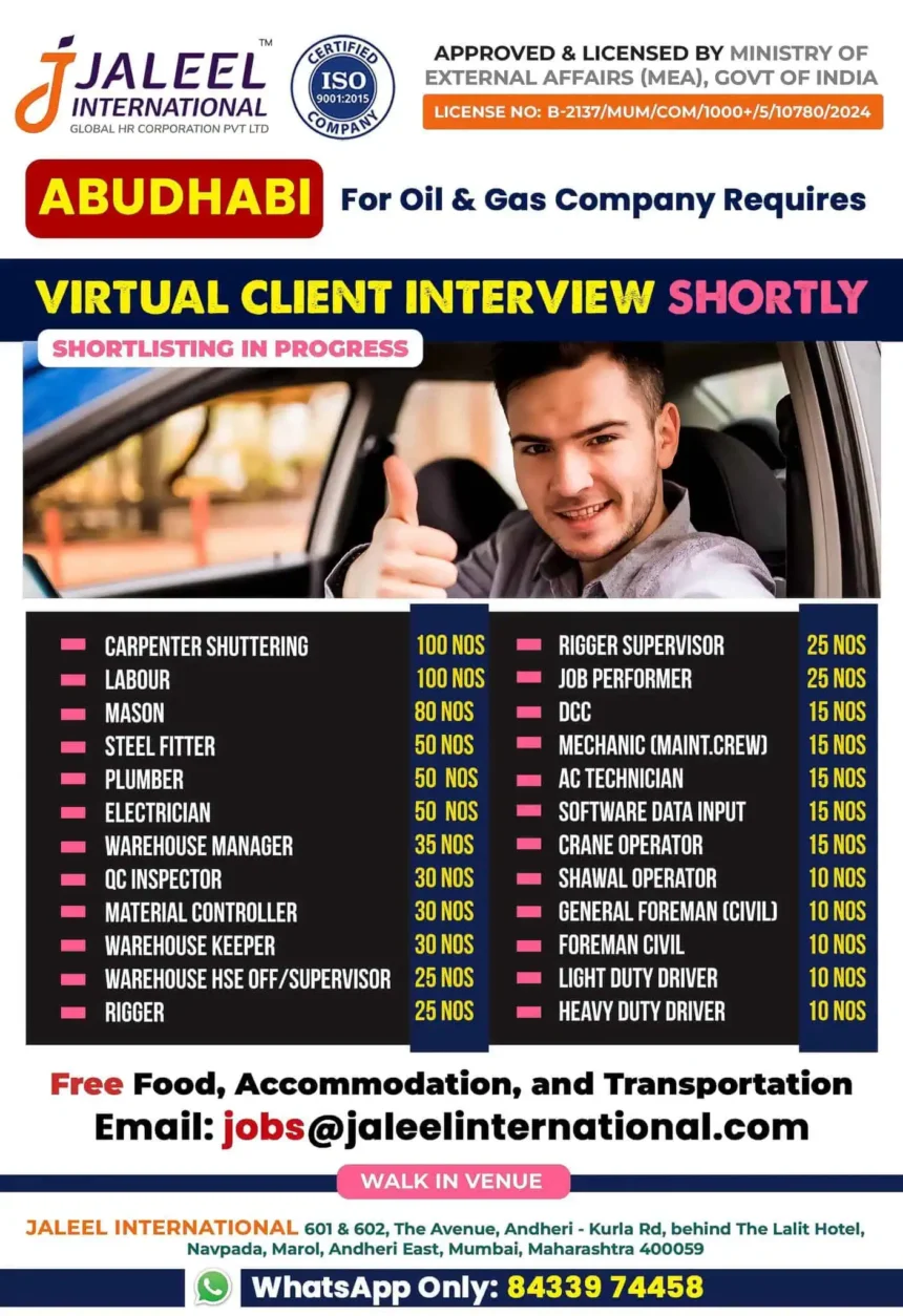 Hiring for Abu Dhabi oil and gas jobs with virtual client interview by Jaleel International