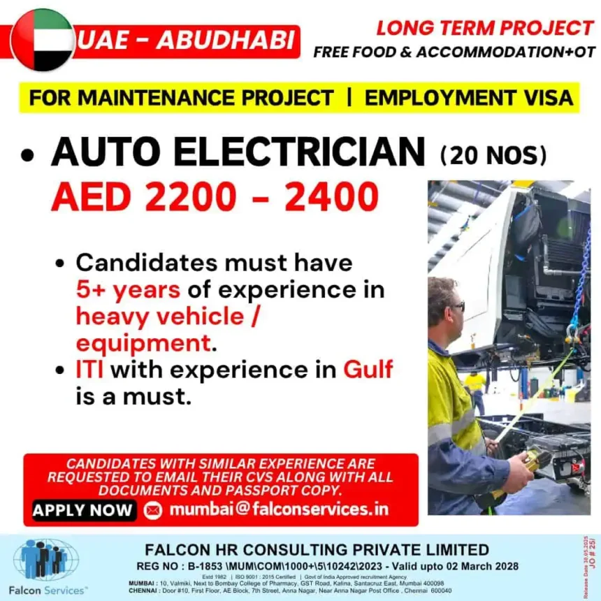 Hiring for Auto Electrician Jobs in Abu Dhabi with Gulf experience, AED 2200–2400 salary, long-term maintenance project, apply via Falcon HR.