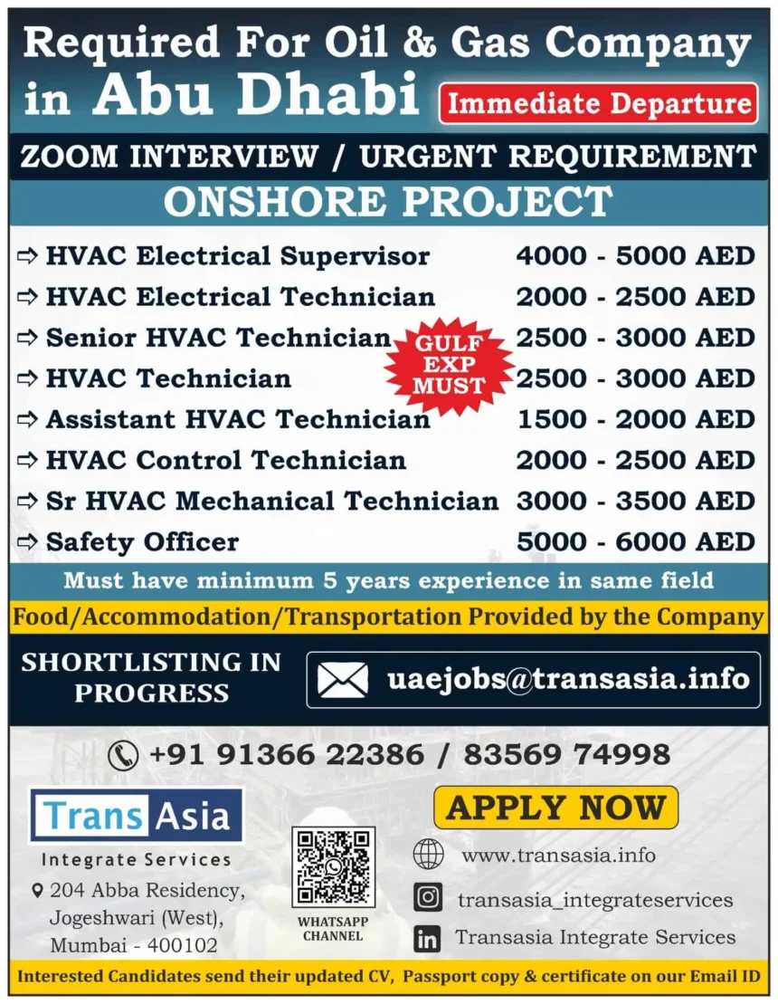 Hiring for HVAC and Safety Officer Jobs in Abu Dhabi Oil & Gas Onshore Project