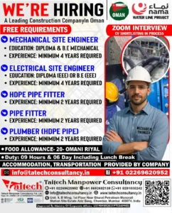 Hiring for Mechanical and Electrical Engineer Jobs in Oman – Free Recruitment by Taitech Manpower Consultancy