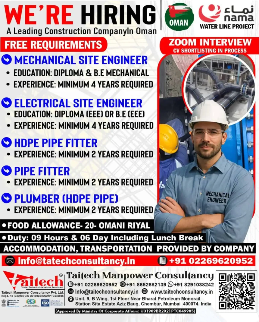 Hiring for Mechanical and Electrical Engineer Jobs in Oman – Free Recruitment by Taitech Manpower Consultancy
