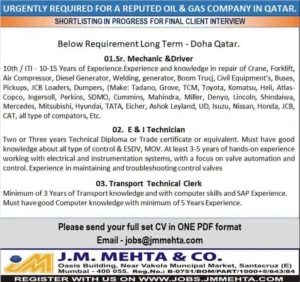 Meta Title OMeta Description Image Alt Text Hiring for Oil and Gas Jobs in Qatar – Sr. Mechanic, E&I Technician, Transport Clerk