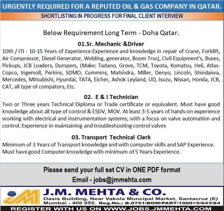 Meta Title OMeta Description Image Alt Text Hiring for Oil and Gas Jobs in Qatar – Sr. Mechanic, E&I Technician, Transport Clerk