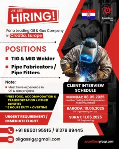 Hiring notice for oil and gas jobs in Croatia for welders and pipe fitters with interview dates in India.