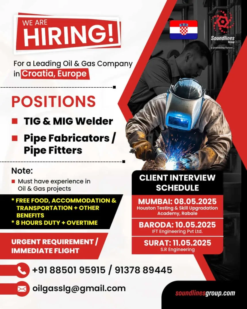 Hiring notice for oil and gas jobs in Croatia for welders and pipe fitters with interview dates in India.