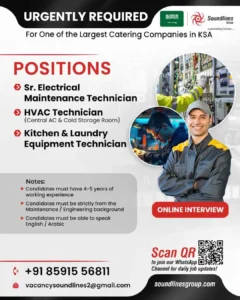 Hiring notice for Sr. Electrical, HVAC, and Kitchen Technician jobs in Saudi Arabia by Soundlines Group