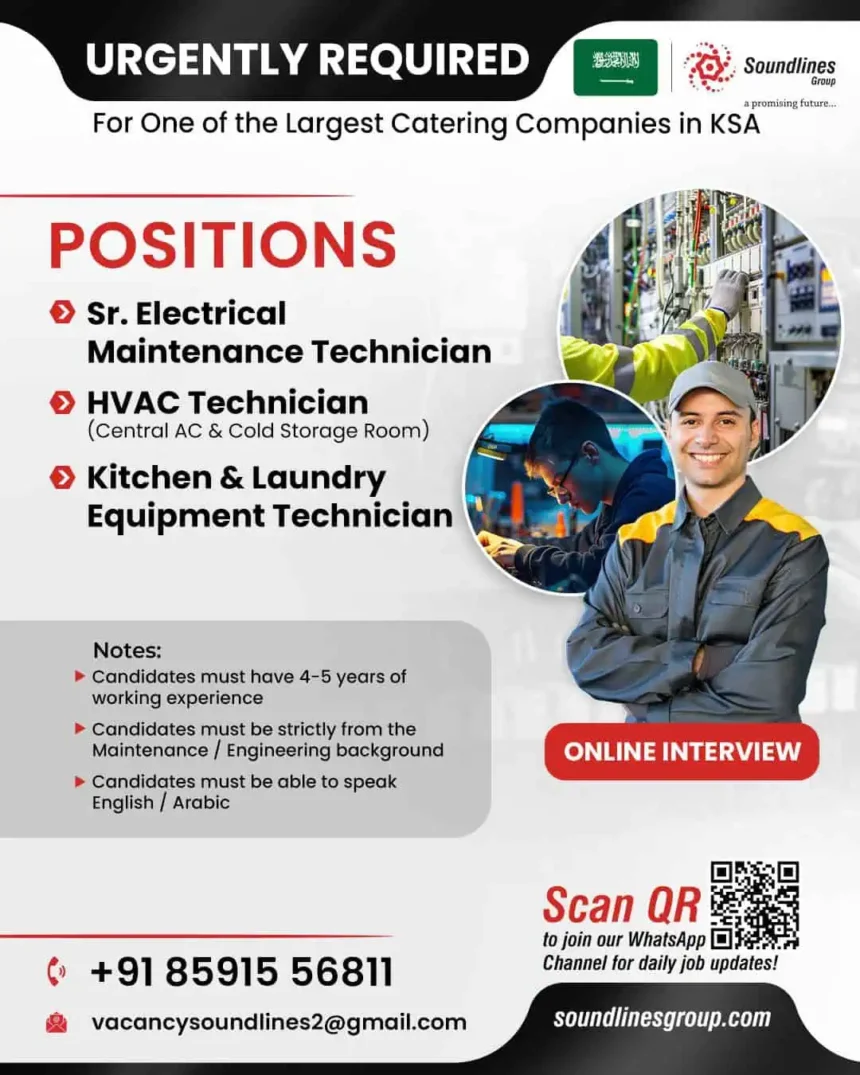 Hiring notice for Sr. Electrical, HVAC, and Kitchen Technician jobs in Saudi Arabia by Soundlines Group