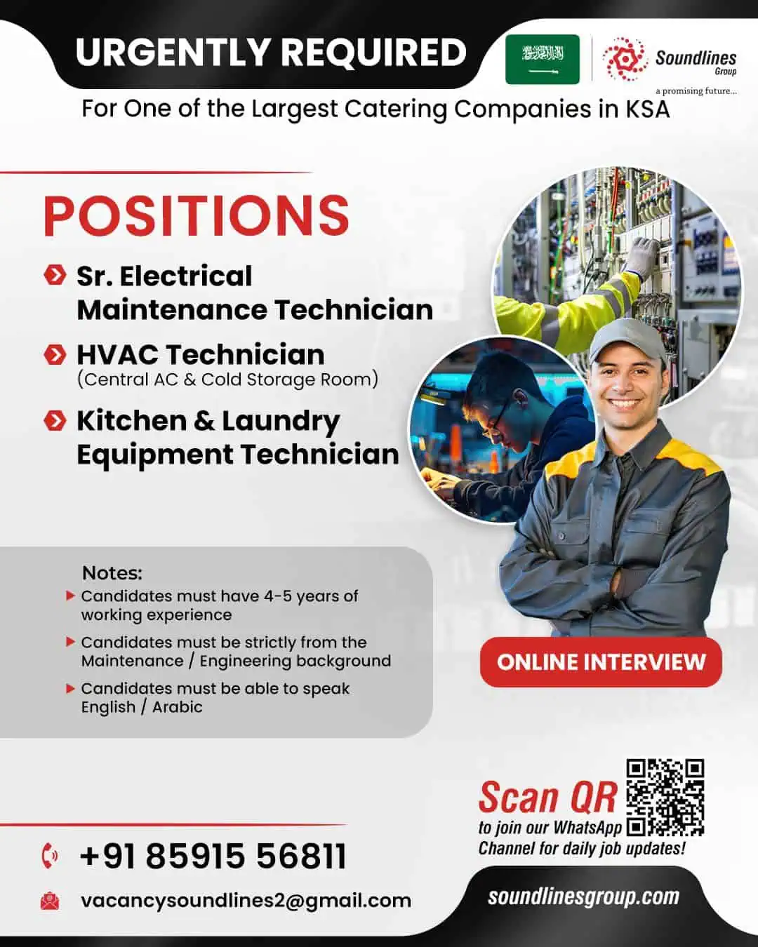 Hiring notice for Sr. Electrical, HVAC, and Kitchen Technician jobs in Saudi Arabia by Soundlines Group