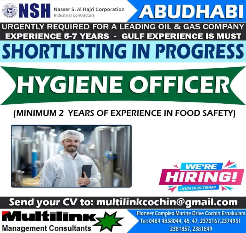 Job opening for Hygiene Officer in Abu Dhabi at NSH with food safety experience requirement