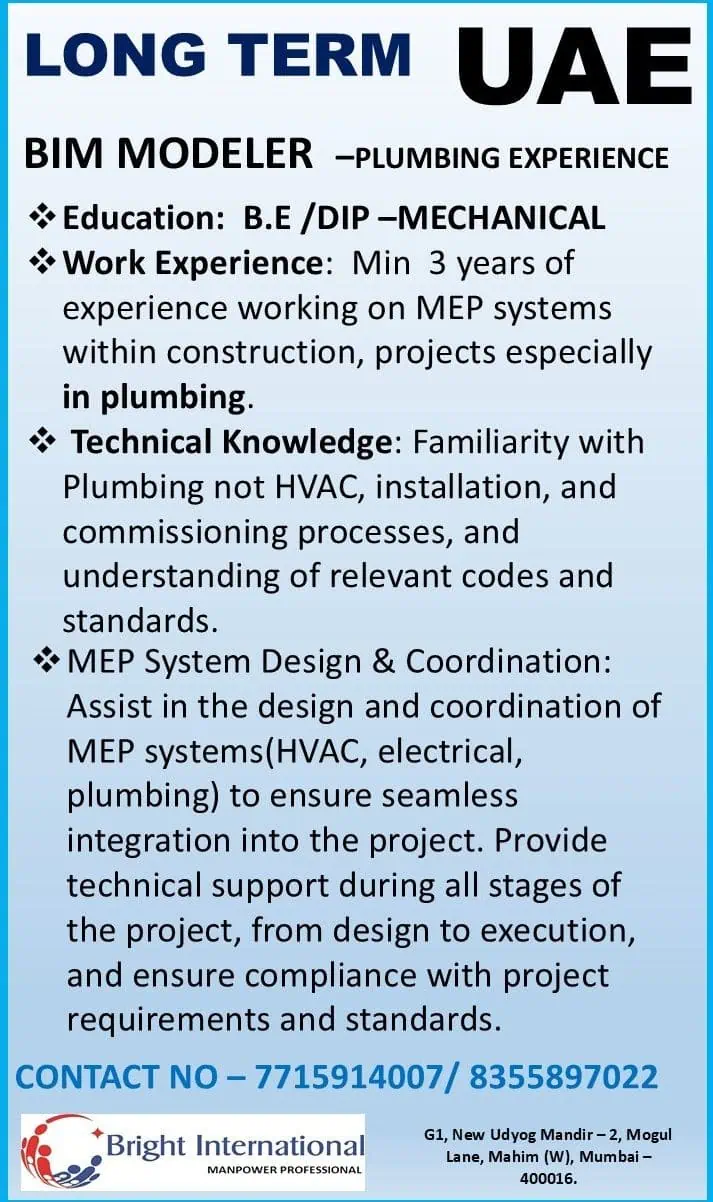 Job advertisement for BIM Modeler with plumbing experience in UAE – Bright International Manpower