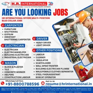 Job openings abroad for electricians, drivers, masons, and carpenters – HR International recruitment poster 2025.