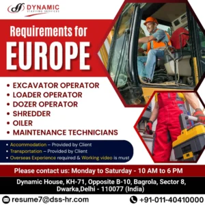 Job openings in Europe for excavator, loader, dozer operators with free accommodation and transport