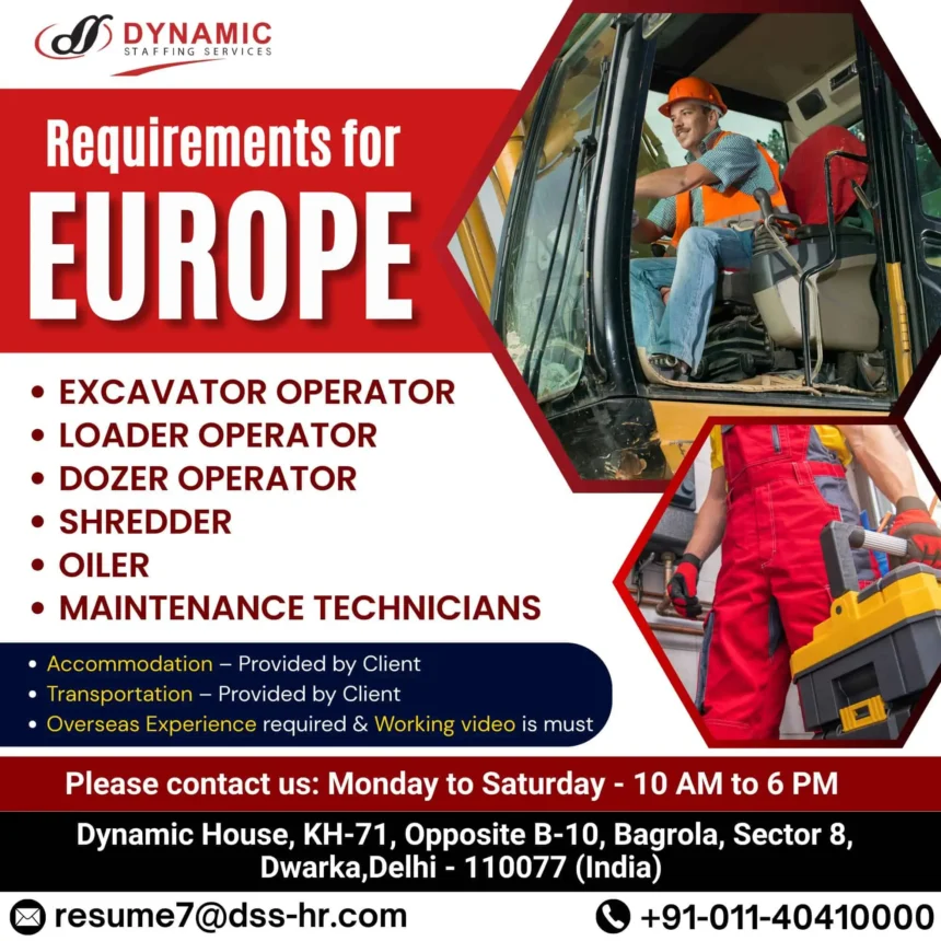 Job openings in Europe for excavator, loader, dozer operators with free accommodation and transport