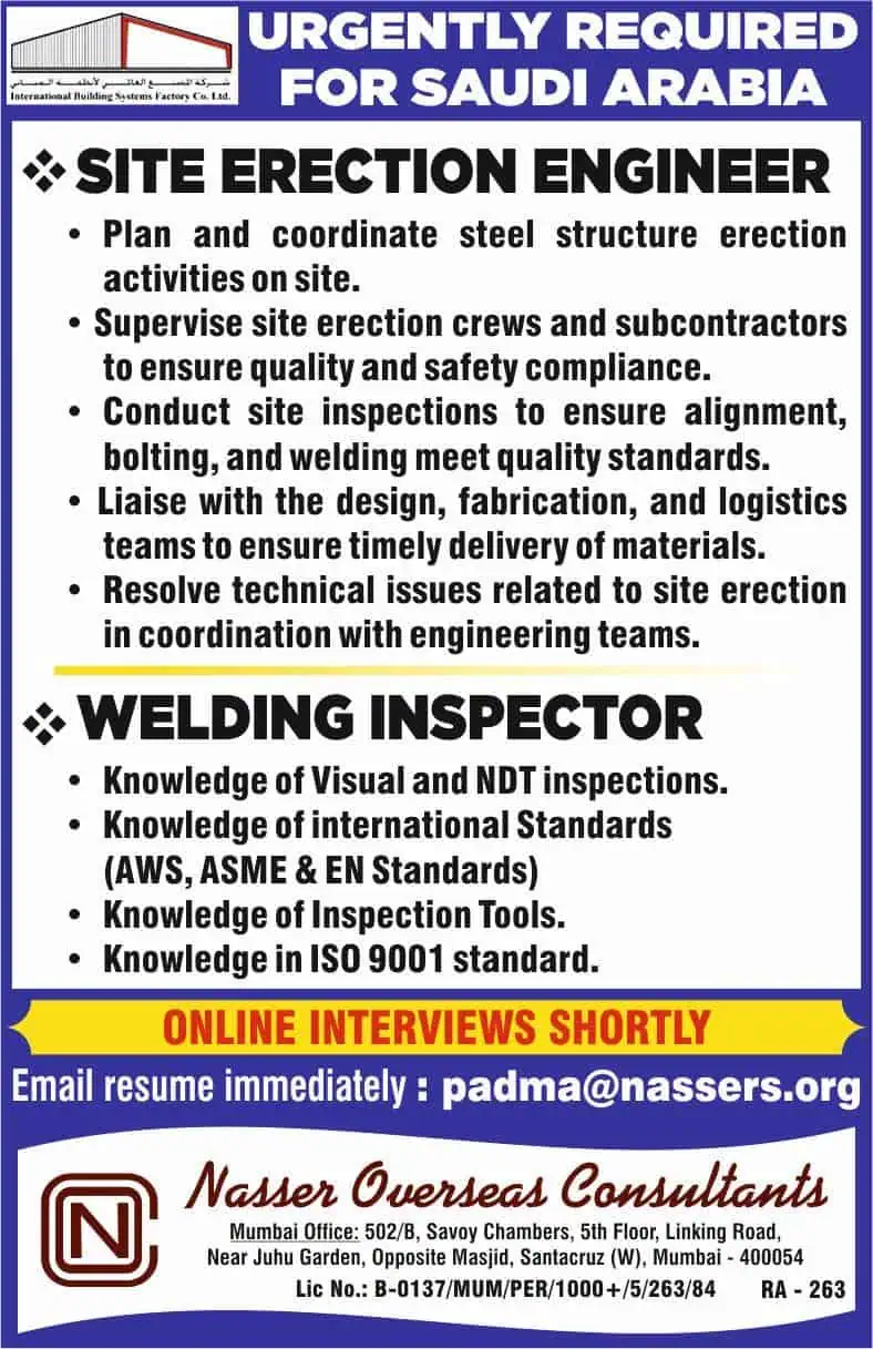 Job openings in Saudi Arabia for Site Erection Engineer and Welding Inspector by Nasser Overseas Consultants