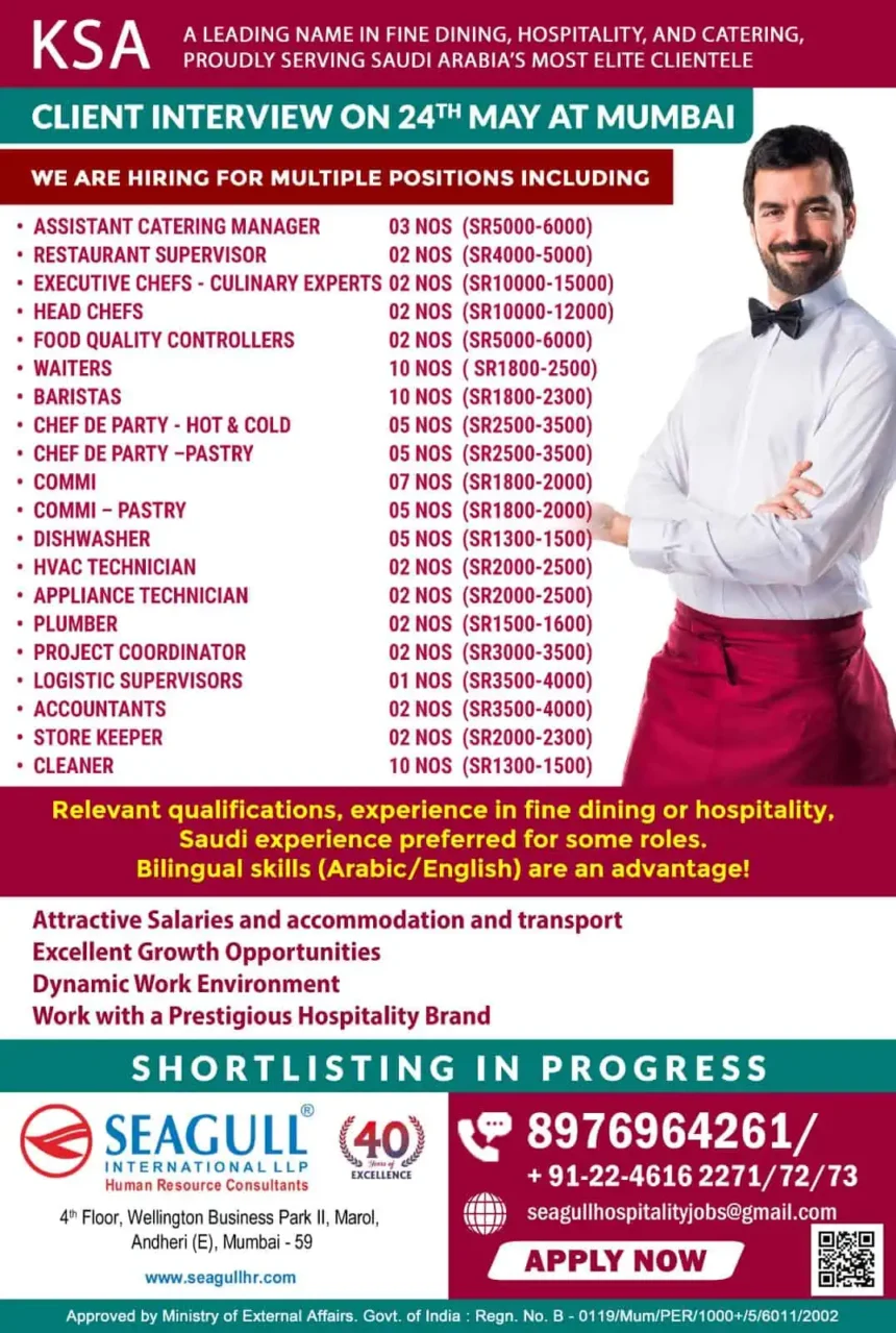 Job openings in Saudi Arabia for hospitality roles with Seagull International – Interview in Mumbai on 24th May