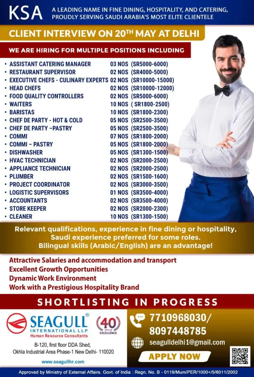 Job openings in Saudi Arabia hospitality sector with interview in Delhi on 20th May