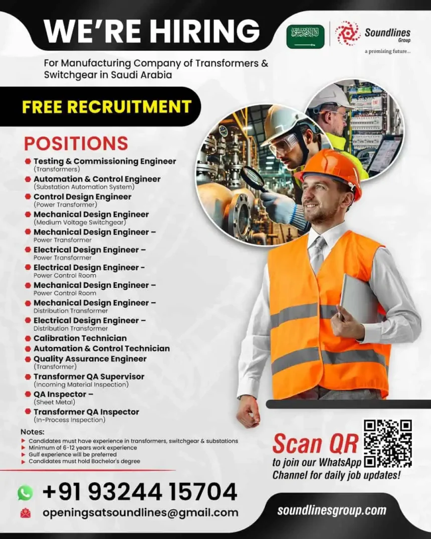 Job recruitment poster for transformer and switchgear engineers in Saudi Arabia with contact details and job roles listed.