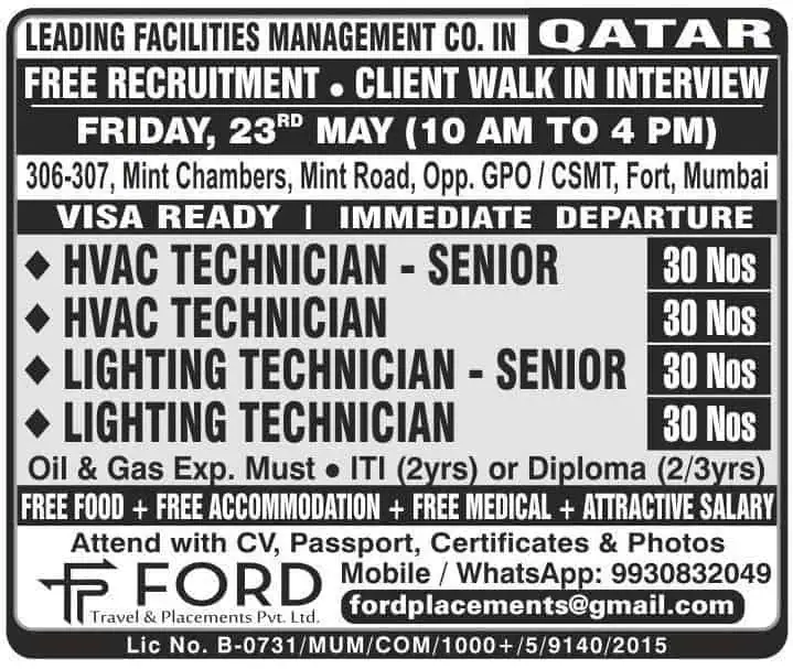 Job recruitment poster for HVAC and Lighting Technicians in Qatar with walk-in interview details in Mumbai.