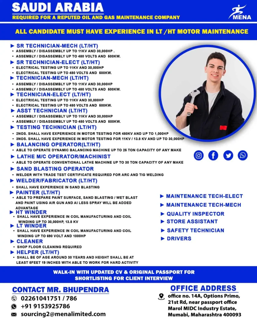 Job vacancies for LTHT motor maintenance in Saudi Arabia – technicians, operators, welders, painters, and more
