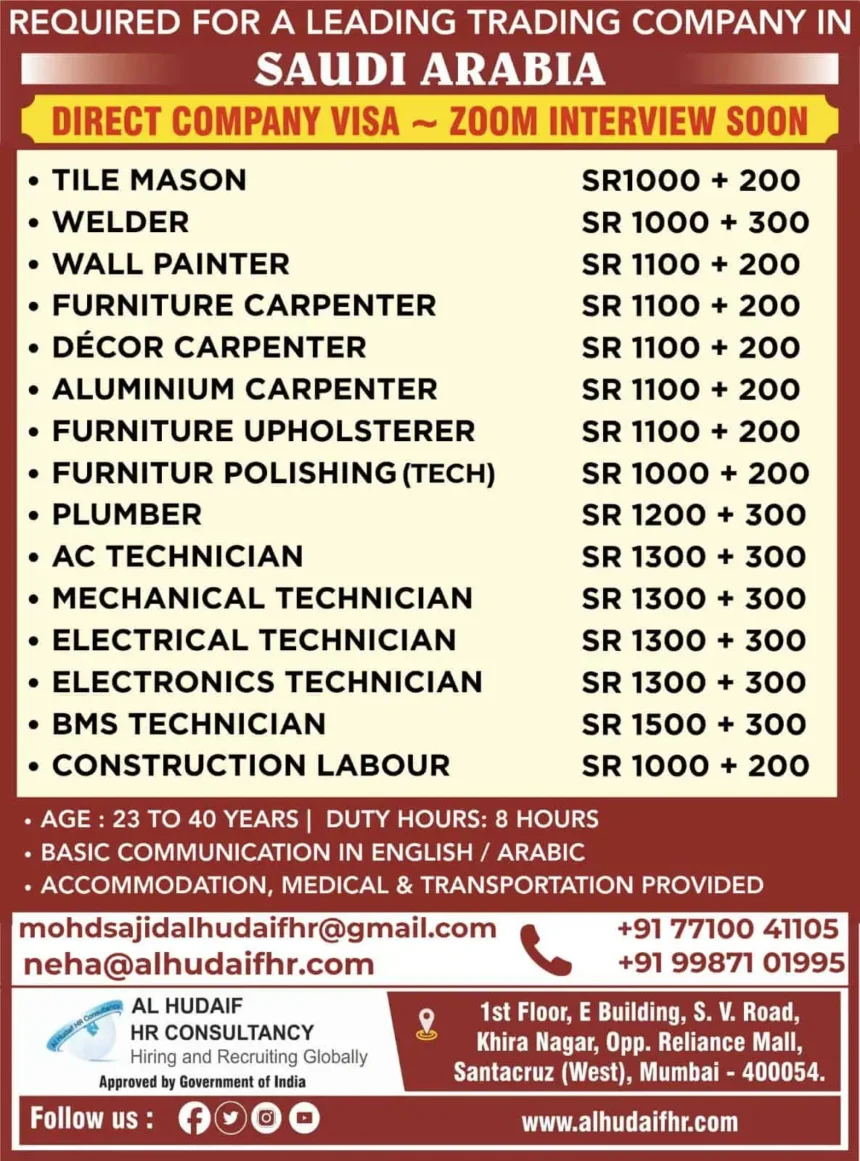 Job vacancies in Saudi Arabia for skilled technicians, plumbers, carpenters, welders, and more with direct company visa by Al Hudaif HR Consultancy