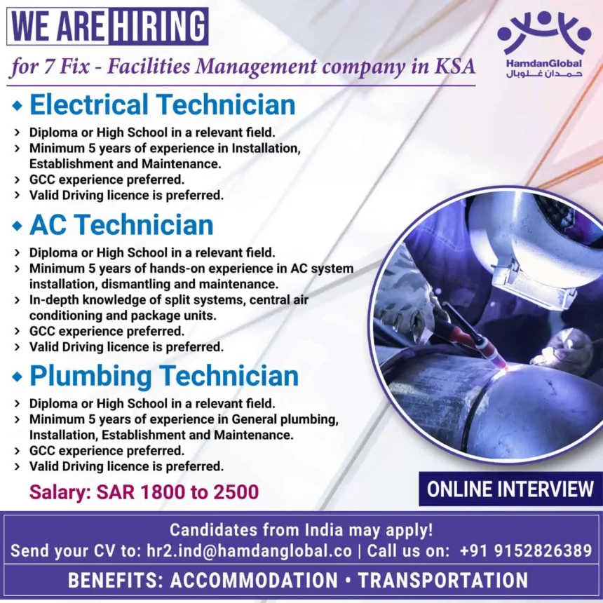 Job vacancy for Electrical, AC, and Plumbing Technicians in KSA with salary details and contact info for Indian applicants.