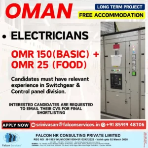 Meta Title Meta Description Image Alt Text Job vacancy for electricians in Oman with experience in switchgear & control panels, offered by Falcon HR