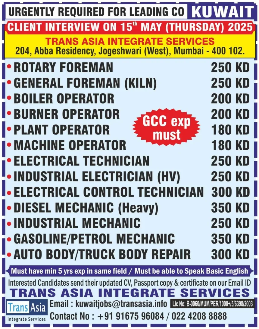 Job vacancy for oil and gas positions in Kuwait – client interview in Mumbai, May 2025