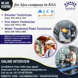Job vacancy poster for Elevator, Fire Alarm, and Water Treatment Technicians at Ajco company in Saudi Arabia, hiring Indian candidates with benefits.