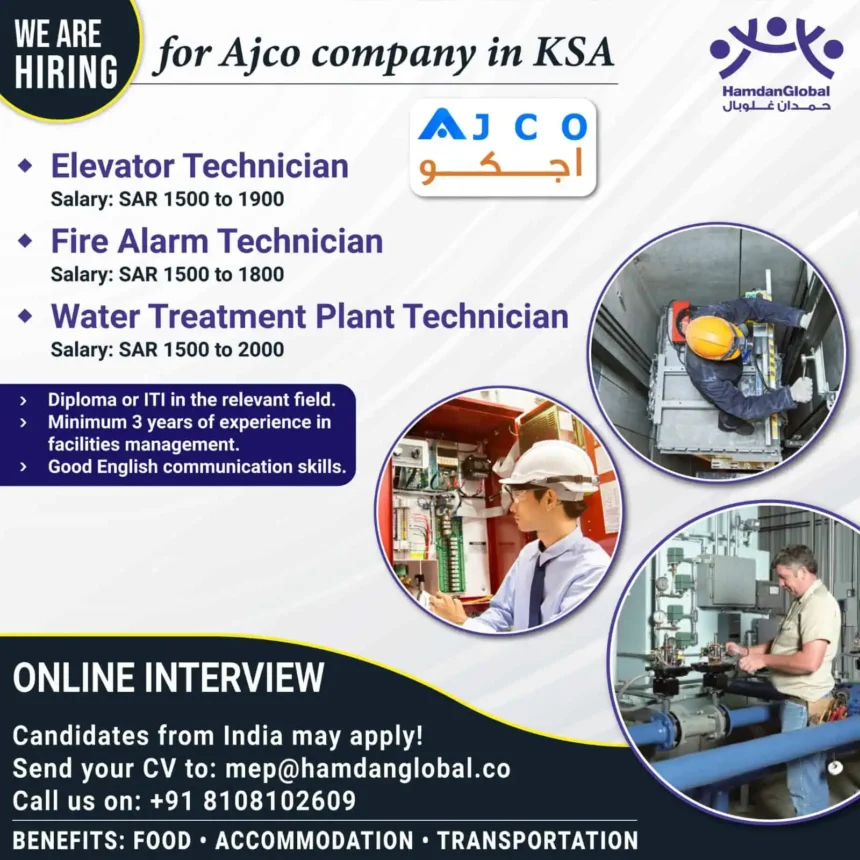 Job vacancy poster for Elevator, Fire Alarm, and Water Treatment Technicians at Ajco company in Saudi Arabia, hiring Indian candidates with benefits.