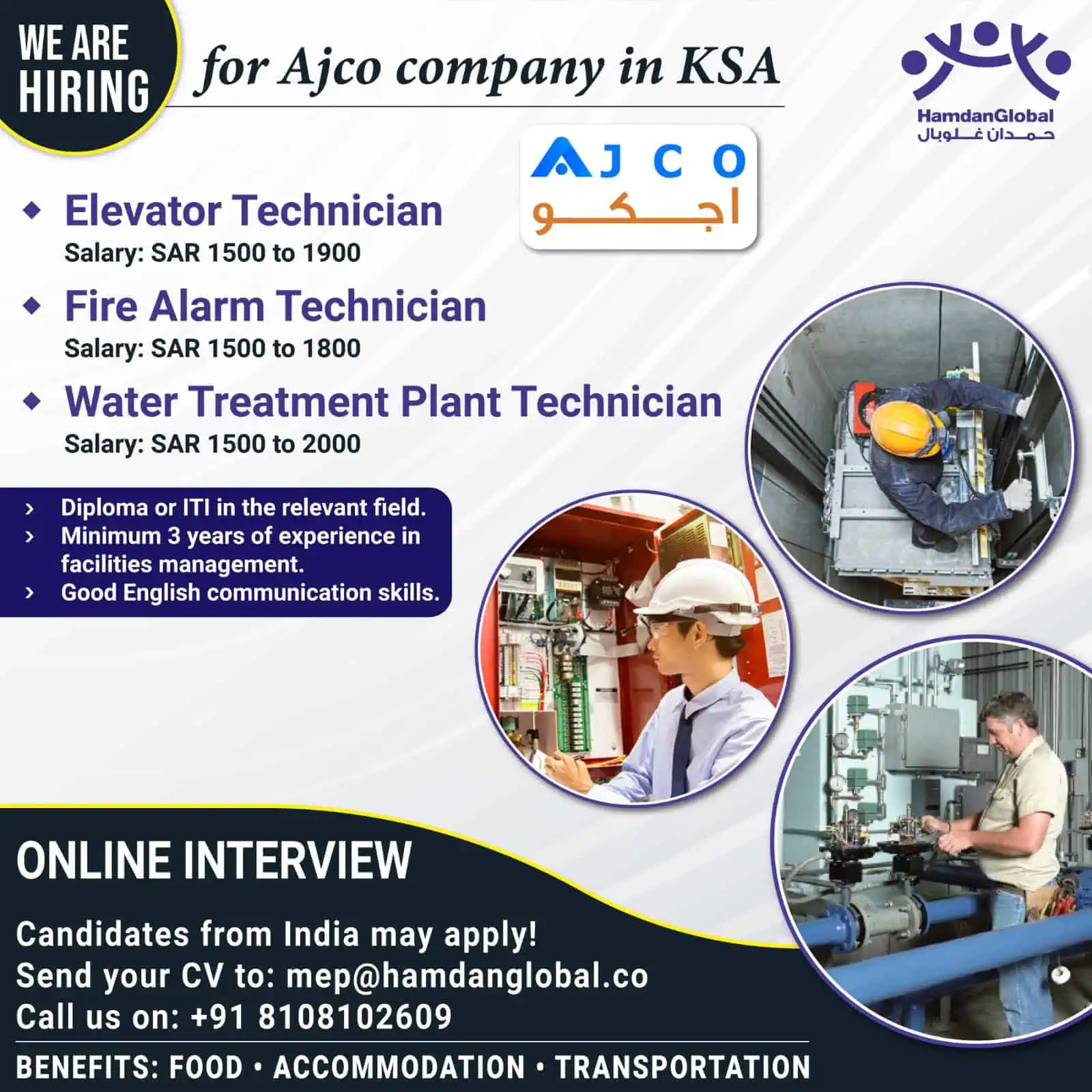 Job vacancy poster for Elevator, Fire Alarm, and Water Treatment Technicians at Ajco company in Saudi Arabia, hiring Indian candidates with benefits.