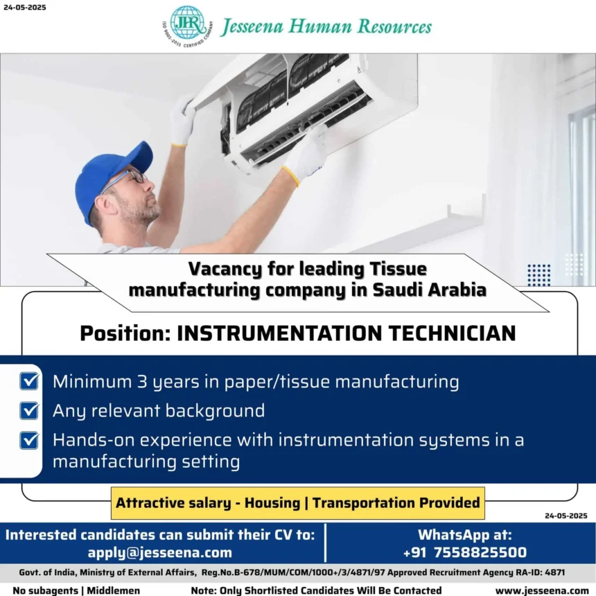 Job vacancy poster for Instrumentation Technician in Saudi Arabia by Jesseena Human Resources