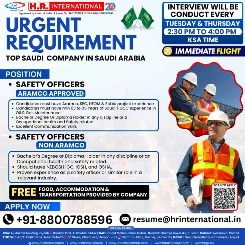 Job vacancy poster for Safety Officers in Saudi Arabia by H.R. International with details on qualifications, interview schedule, and contact information.