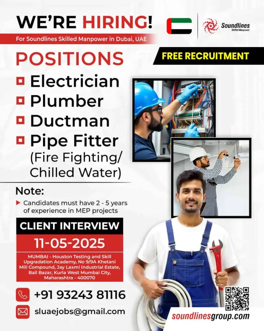 Jobs in UAE for Indian electricians, plumbers, pipe fitters – Soundlines 2025 recruitment poster