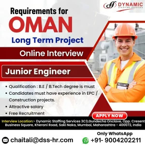 Junior Engineer Job Openings for Oman Long-Term EPC Projects – Online Interview by Dynamic Staffing Services