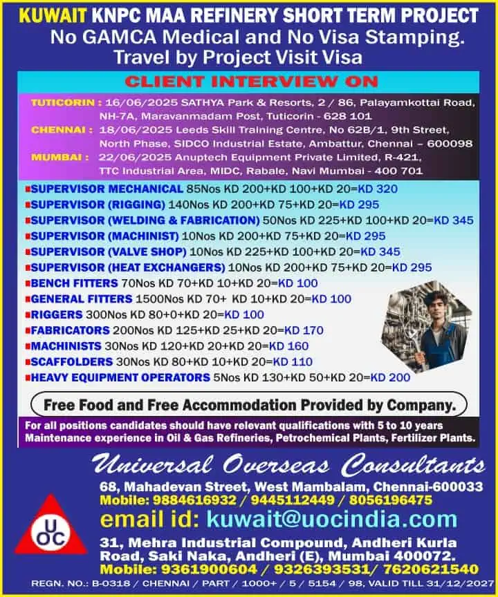 Kuwait KNPC MAA Refinery shutdown jobs – client interview schedule and salary details for mechanical, rigging, fabrication, and operator roles.