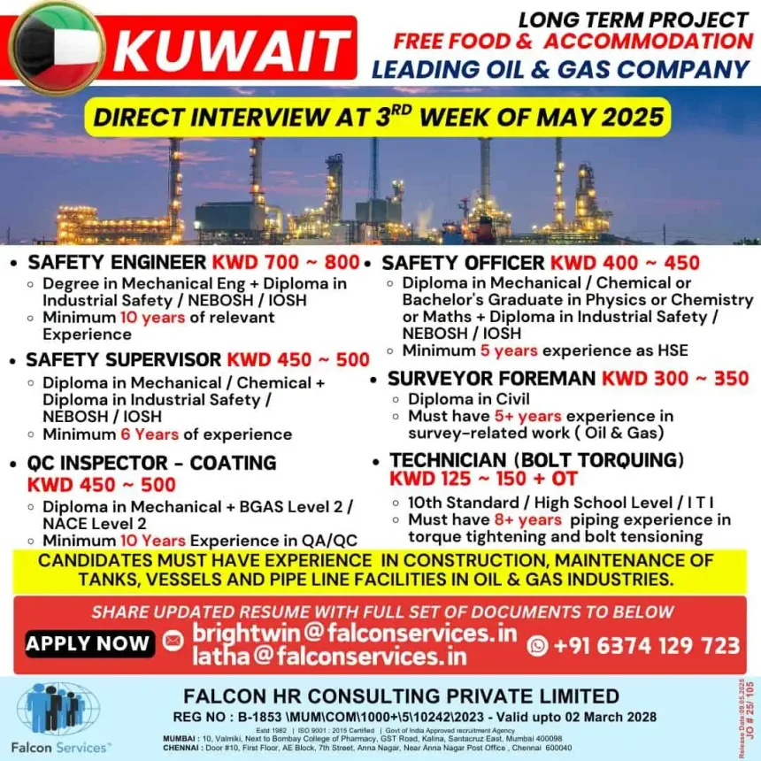 Kuwait Oil & Gas Jobs Interview May 2025 – Safety Engineer, QC Inspector, Technician, Surveyor