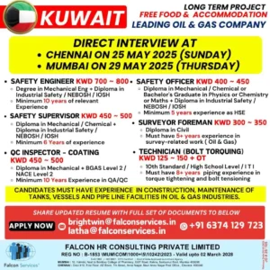 Kuwait Oil and Gas Job Openings 2025 – Direct Interview in Chennai and Mumbai for Safety Engineers, Supervisors, Technicians & More