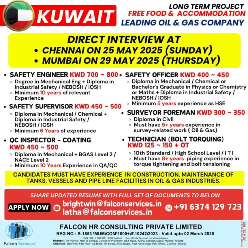 Kuwait Oil and Gas Job Openings 2025 – Direct Interview in Chennai and Mumbai for Safety Engineers, Supervisors, Technicians & More