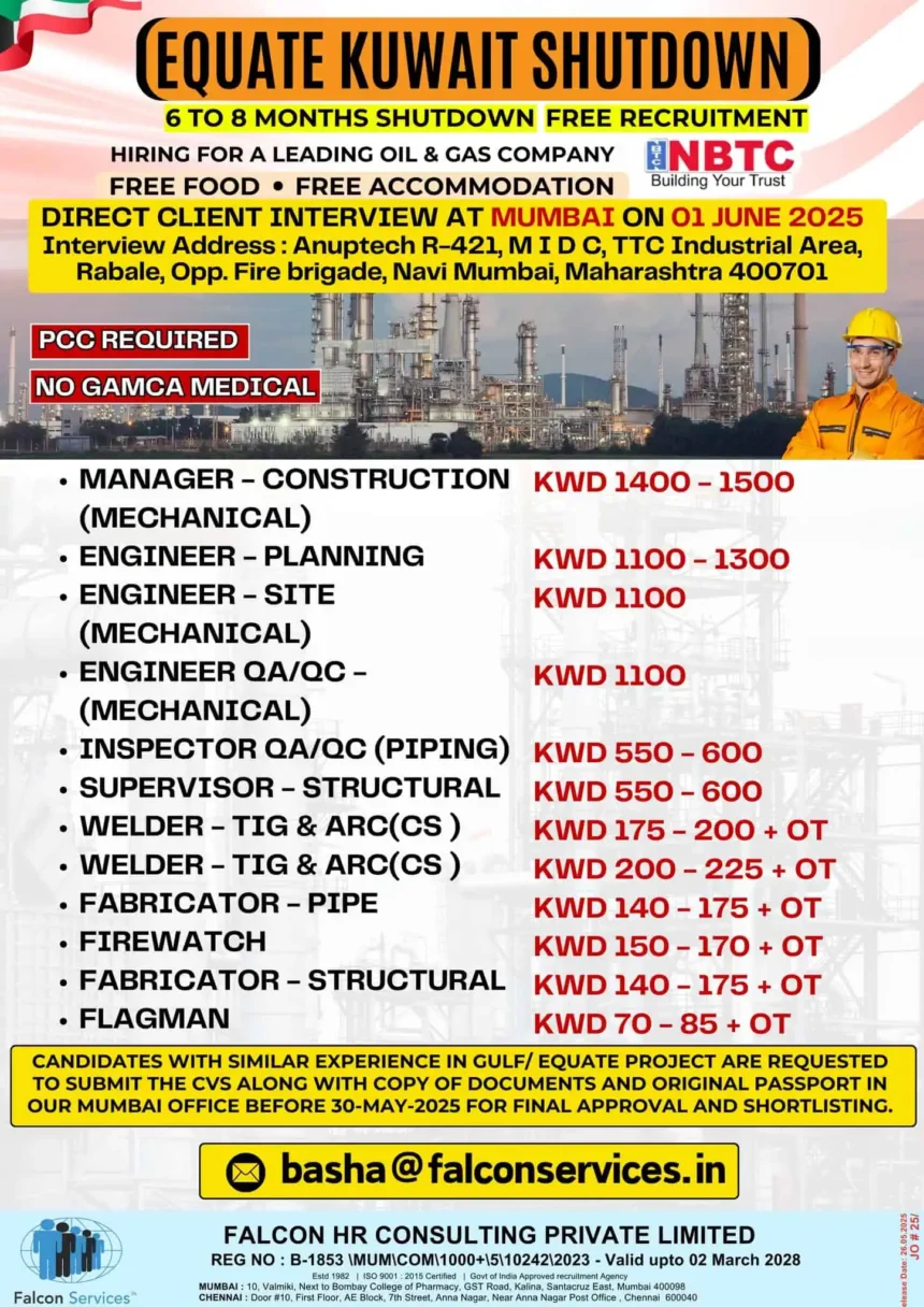 Kuwait Shutdown Jobs 2025 – Free Recruitment for Oil & Gas Roles by NBTC
