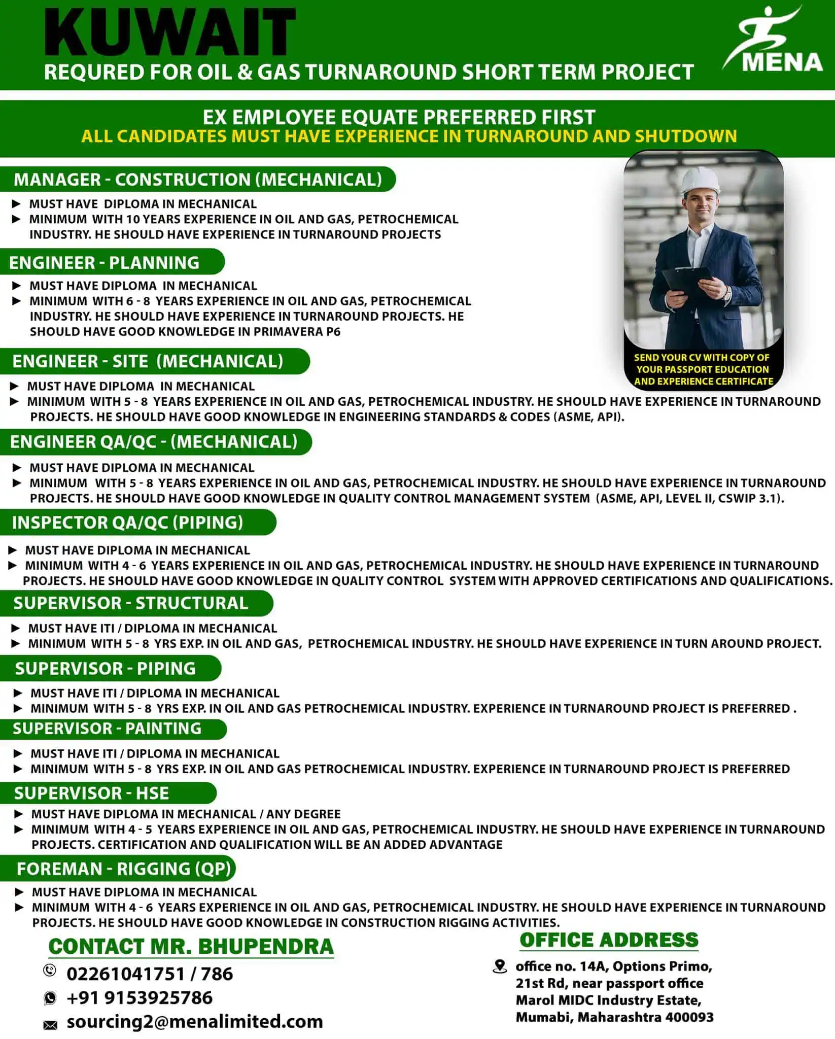 Kuwait oil and gas turnaround project hiring notice with mechanical job roles listed