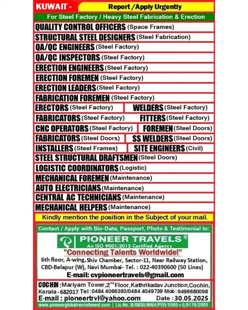 Kuwait steel factory job vacancies 2025 for welders, engineers, technicians, and more – Pioneer Travels recruitment notice