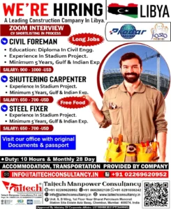 Libya construction jobs hiring poster for civil foreman, shuttering carpenter, and steel fixer roles with salary details and recruiter info.