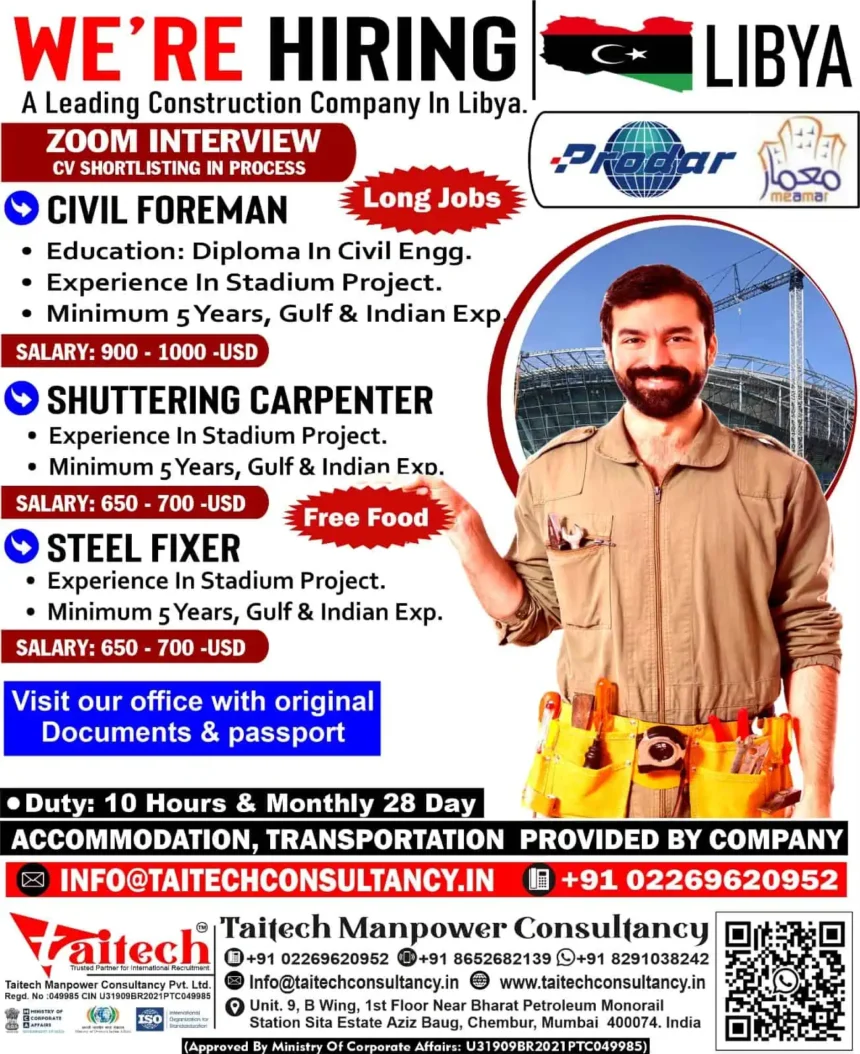 Libya construction jobs hiring poster for civil foreman, shuttering carpenter, and steel fixer roles with salary details and recruiter info.