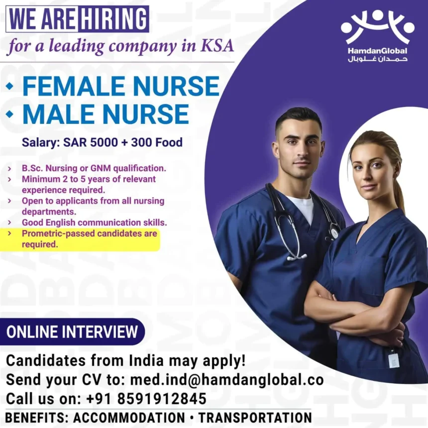 Male and female nurses in scrubs – nursing jobs in Saudi Arabia for Indian candidates with Prometric qualification